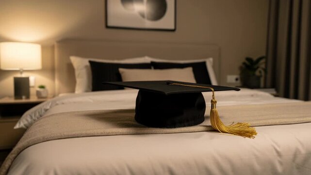 Graduation cap resting on a neatly made bed in a cozy softly lit bedroom symbolizing achievement and new beginnings