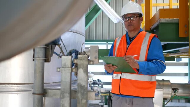 Experienced field engineer inspecting refinery process equipment and documenting observations on a clipboard during a daily plant walkthrough, representing industrial maintenance, asset integrity, and