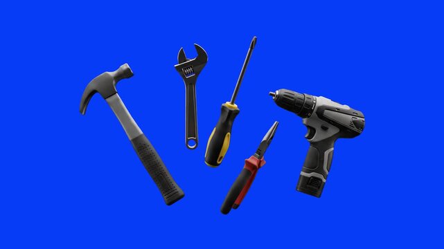 A group of various workshop tools, such as an electric drill, hammer, screwdriver, and wrench, floats dynamically in front of a solid blue screen background. The 3D animation asset is optimized for ea
