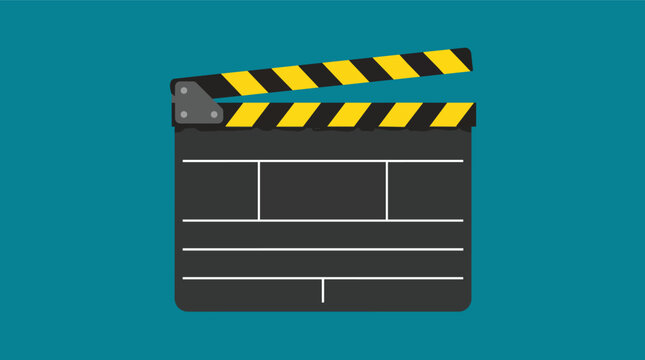 Movie clapperboard open for production in minimalist flat vector style for cinema industry marketing