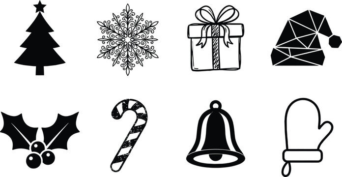 Christmas Icon Set with Tree Snowflake Gift Box Santa Hat Holly
