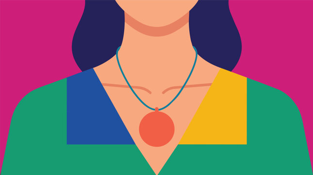 Circular necklace pendant on female collarbone in minimalist flat vector style for fashion jewelry marketing