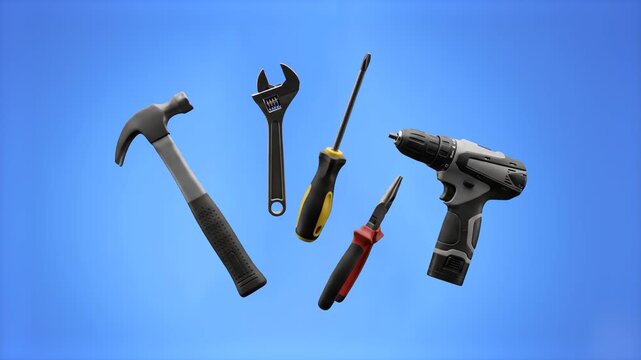 A professional 3D composition showcasing a collection of hardware tools including a hammer, wrench, screwdriver, pliers, and a cordless drill levitating against a solid blue background. Perfect for ha