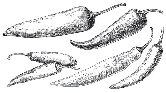 Group of assorted chili peppers illustrated with detailed ink drawing style