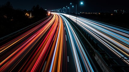 Obraz premium Traffic light trails on highway at night long exposure motion