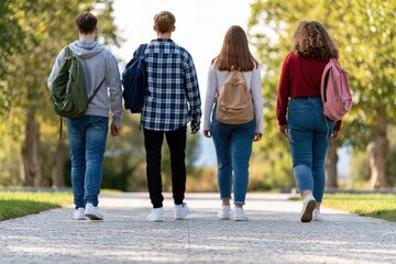 Naklejka premium Students and friends walking together on a park path with backpacks to school