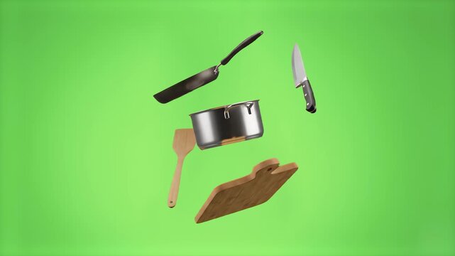 A dynamic collection of kitchen tools, including a stainless steel pot, a frying pan, a chef's knife, a wooden cutting board, and a spatula, floating and rotating in mid-air over a solid green backgro