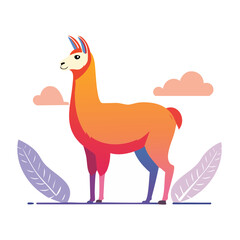 Fototapeta premium Flat design illustration of a colorful llama with clouds and leaves