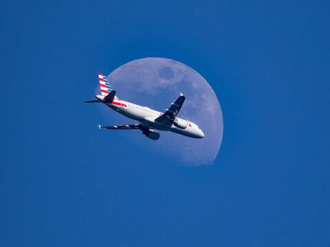 American Airlines Airbus 320 Passes the Moon in Flight