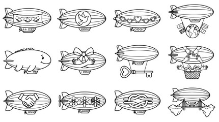 Collection of Hand-Drawn Airship Illustrations with Symbols: Peace, Love, Friendship, Travel © Akun
