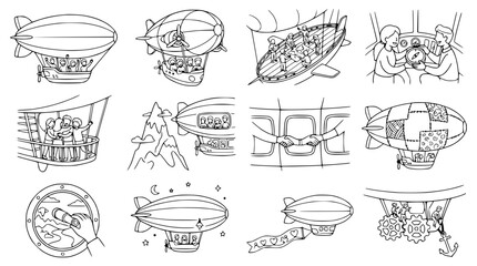 Whimsical Airship Collection: Vintage Blimps, Travel, Adventure, and Steampunk Elements © Akun