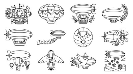 Collection of Hand-Drawn Airships and Blimps, Vintage Transportation and Travel Icons © Akun