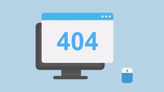 Computer showing page error, 404 error, Page not found on server 2d animation with alpha matte