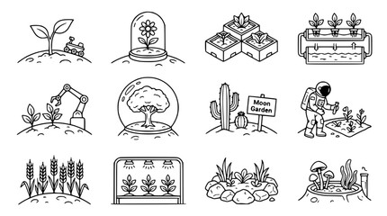 Obraz premium Futuristic Farming & Gardening Icons: Space, Tech, Nature, Sustainability