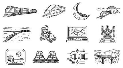 Futuristic and Vintage Train Icons: Travel, Technology, and Space Concepts © Akun