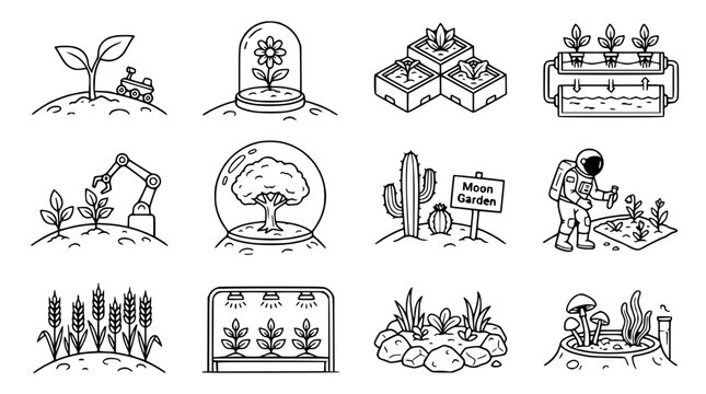 Futuristic Farming & Gardening Icons: Space, Tech, Nature, Sustainability