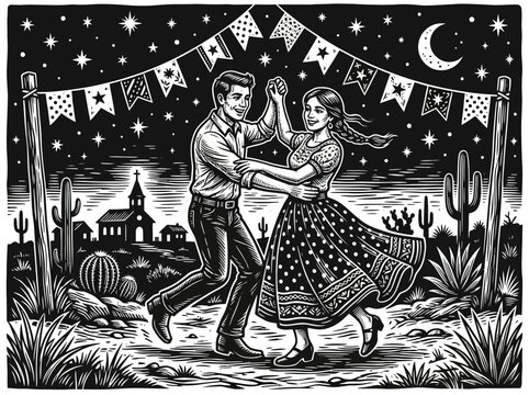 Woodcut Style Illustration of a Couple Dancing at a Brazilian Festa Junina Under a Starry Night