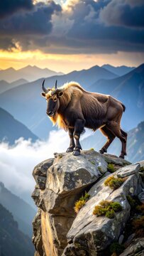 A Majestic Takin Stands Proudly atop a Mountain Peak with a Stunning Sunset Backdrop
