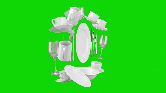 A complete 3D animated dinnerware set including ceramic plates, cups, wine glasses, and silverware floats in a dynamic circle on a green screen background. The kitchen asset is optimized for restauran
