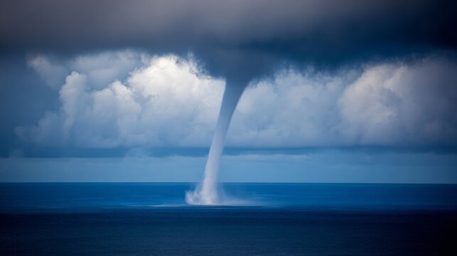 Dramatic waterspout tornado over dark blue ocean under heavy storm clouds with funnel shaped formation reaching from sky to sea, showing powerful weather phenomenon and natural disaster atmosphere.