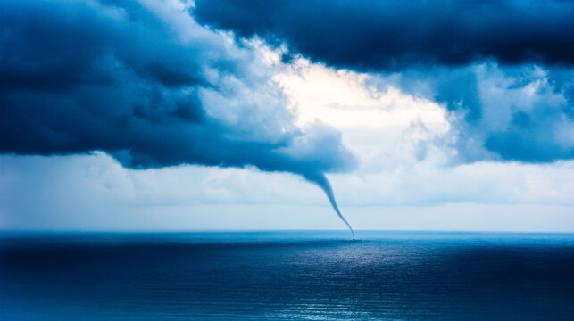 Dramatic waterspout tornado over dark blue ocean under heavy storm clouds with funnel shaped formation reaching from sky to sea, showing powerful weather phenomenon and natural disaster atmosphere.