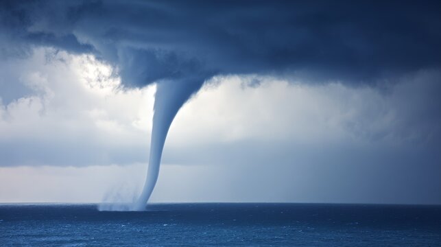 Dramatic waterspout tornado over dark blue ocean under heavy storm clouds with funnel shaped formation reaching from sky to sea, showing powerful weather phenomenon and natural disaster atmosphere.