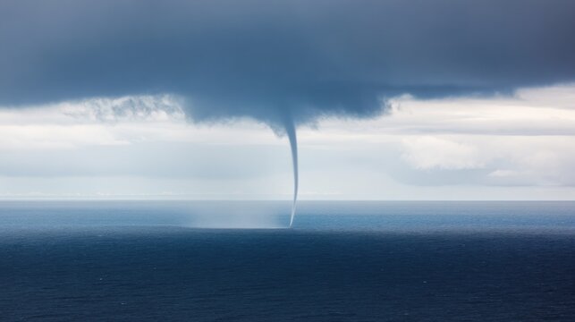 Dramatic waterspout tornado over dark blue ocean under heavy storm clouds with funnel shaped formation reaching from sky to sea, showing powerful weather phenomenon and natural disaster atmosphere.