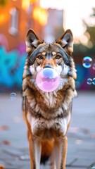Obraz premium A whimsical wildlife portrait: Wolf delightfully blowing bubblegum near cityscapes
