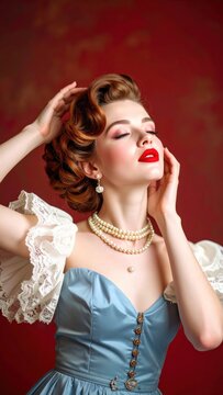 Elegant Woman in Vintage Blue Gown with Pearl Necklace.