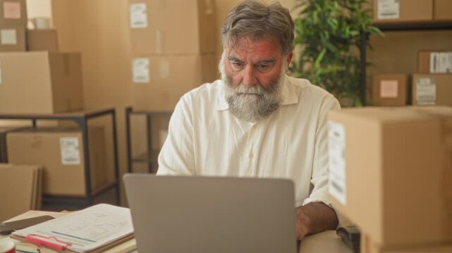 Man writing on paperwork beside laptop and stacked boxes in a building, checking inventory records and signing labels; focus resilience.