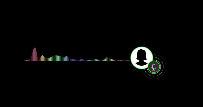 Virtual female character interview voice animation voice recording and podcast mic microphone button icon animation video. Music equalizer signal animation