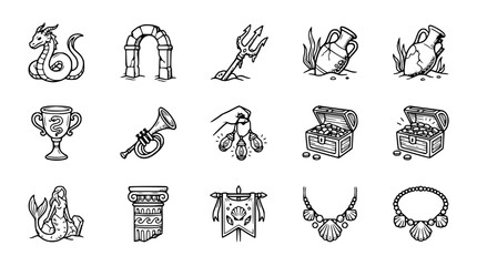 Mythical Sea Creatures and Ancient Treasures - Hand-Drawn Icons Collection © Capi