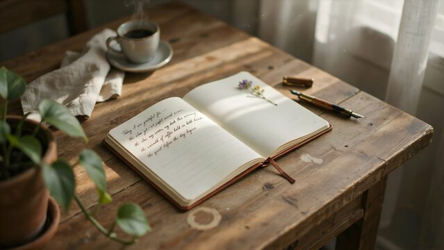 An open notebook with handwritten notes and a pen sits on a wooden table next to a cup of coffee and a potted plant, bathed in soft sunlight.