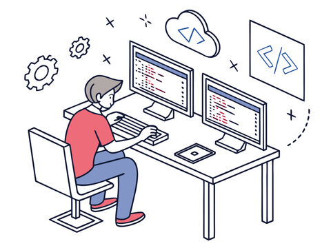 Software developer working on computer code at desk