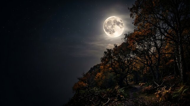 Full moon glowing over a dark autumn forest path at night