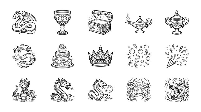 Fantasy Icons Collection: Dragons, Treasure Chest, Crown, Magic Lamp, Goblet, Cake, Confetti