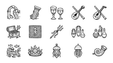 Ancient Greek Mythology Icons: Gods, Creatures, and Artifacts Vector Set © Capi