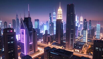 Obraz premium Modern cityscape at dusk with skyscrapers.