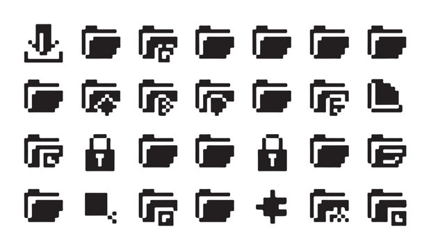 Collection of pixel art folder icons depicting various file operations and statuses.