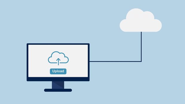 Uploading file to cloud computing with computer screen 2d animation with alpha matte
