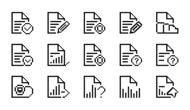 Pixelated document icons with edit save delete add and statistics options for software interface.