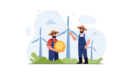 Fototapeta premium Farmers with Wind Turbines and Sun Symbolizing Renewable Energy and Sustainable Agriculture