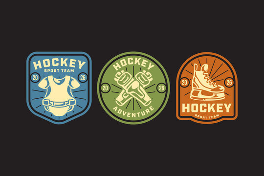 Ice hockey equipment kit retro badge logo set for sport. Hockey protective gear vintage patch symbol pack for merchandise. Protective jersey, Crossed gloves, Ice skate