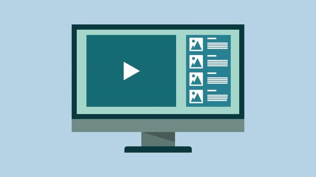 Playing video on desktop, Website interface elements on computer screen concept 2d animation with alpha matte