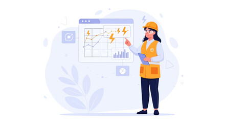 Obraz premium Female Engineer Analyzing Energy Graph with Lightning Bolt Icons and Data Analysis Tools