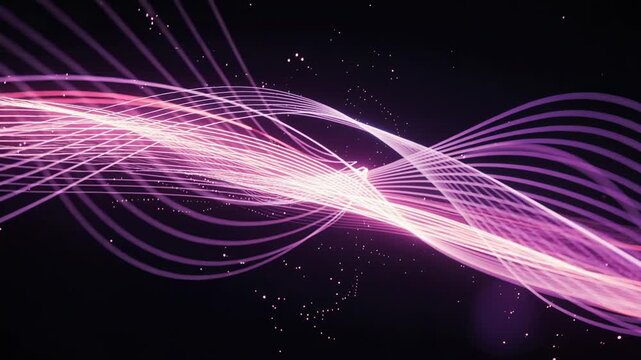 Mesmerizing flow of glowing pink and purple light trails dynamically weaving in abstract motion background