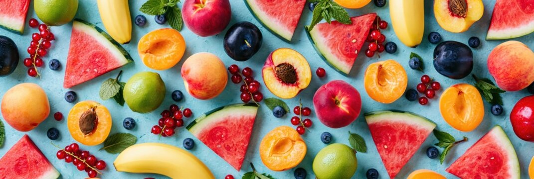 Fruit pattern with fresh summer food like watermelon peach banana and colorful berry