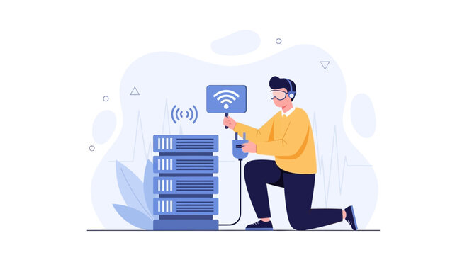 IT technician installing or configuring wireless server network
