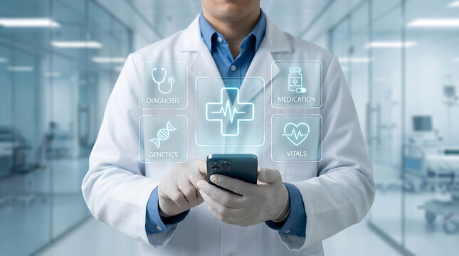 Doctor Using Smartphone with Digital Healthcare Interface in Modern Hospital, Telemedicine, Medical Technology and Patient Care Concept