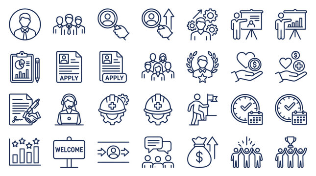 Business Icons Set: Teamwork, Recruitment, Success, Finance, and Planning